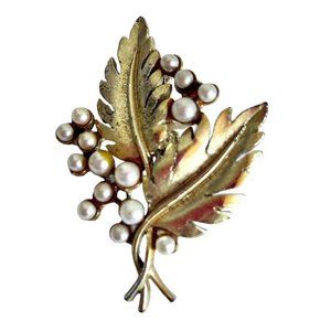 Vintage Goldtone Double Leaf Brooch Pin with Faux Pearl Details 2.25"